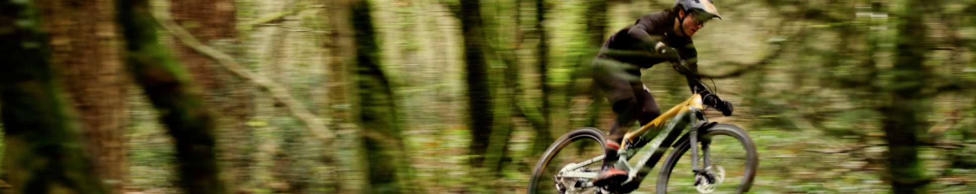 Un VTTiste fait du vélo au milieu de la forêt pendant une sortie afterworks car PureBike est Centre de test Mondraker